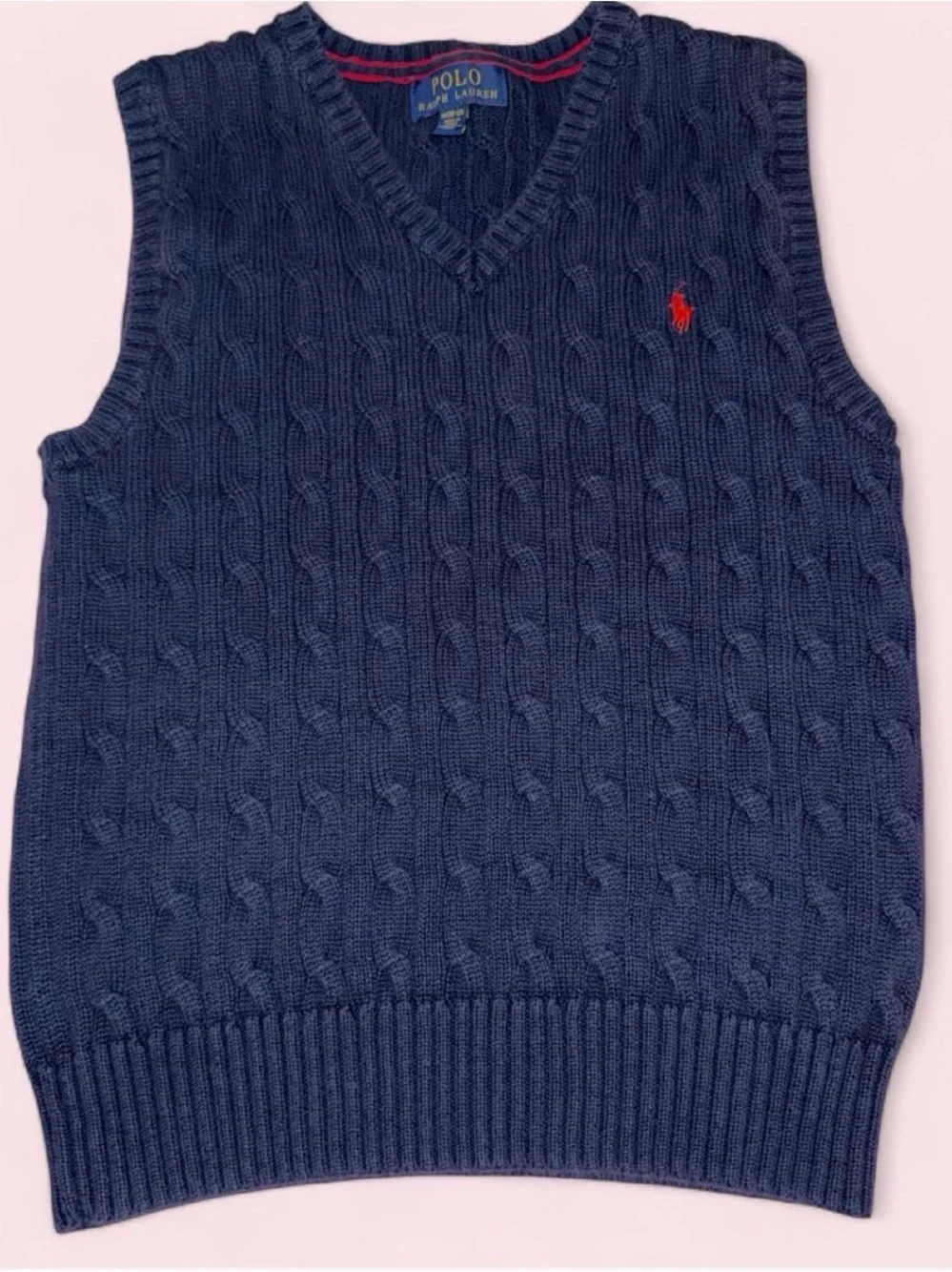 Polo by Ralph Lauren Navy Cable-Knit V-Neck Sweater Vest with Red Pony
